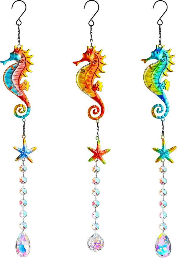 3PCS Seahorse & Starfish Crystal Suncatchers, Stained Glass Metal Hanging Sun Catcher Set with Colorful Crystal Prisms, Rainbow Maker Window Garden Patio Fence Décor