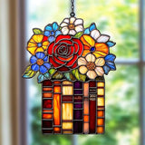 Red Rose Flowers Books Acrylic Suncatcher Stained Glass Effect Window Car Hanging Christmas Ornament Indoor Outdoor Decor Garden Sun Catcher Panel for Book Lover for Women Mom Grandma