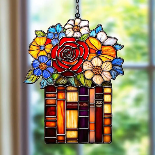 Red Rose Flowers Books Acrylic Suncatcher Stained Glass Effect Window Car Hanging Christmas Ornament Indoor Outdoor Decor Garden Sun Catcher Panel for Book Lover for Women Mom Grandma