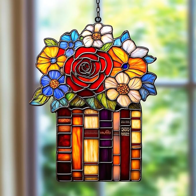 Red Rose Flowers Books Acrylic Suncatcher Stained Glass Effect Window Car Hanging Christmas Ornament Indoor Outdoor Decor Garden Sun Catcher Panel for Book Lover for Women Mom Grandma