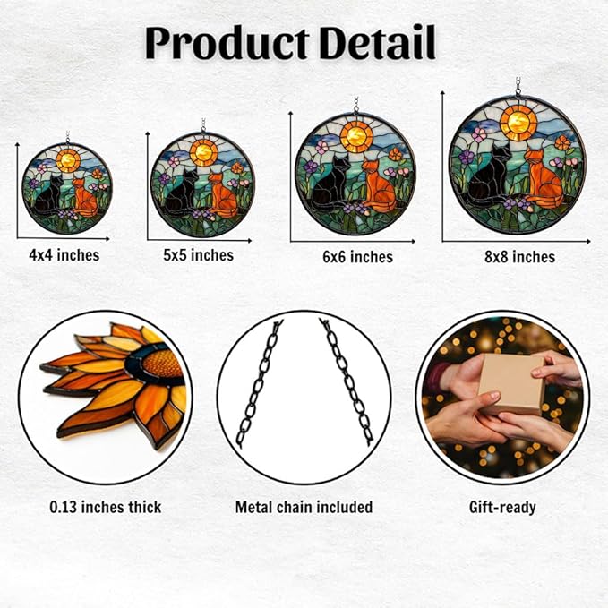 Vivid Cat Mosaic Art Acrylic Suncatcher Stained Glass Effect Window Car Hanging Christmas Ornament Indoor Outdoor Decor Garden Sun Catcher Panel Gifts for Cat Lover for Women Mom Grandma