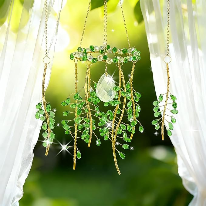 3 Pcs Crystal Suncatchers for Window Boho Decor, Green Plants Artificial Hanging Wind Chime Sun Catchers with Chain Rainbow for Indoor OutdoorDecor Plant Lover Gift (Blue)
