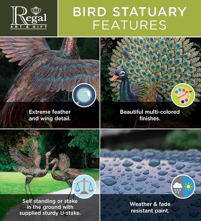 Regal Art & Gift Peacock Outdoor Statue, Decorative Garden Sculpture, Unique Metal Outdoor Figurine, Lawn Ornament Statue for Garden, Outdoor Sculpture for Yard, Wings Open, 25.25'L x9.75'W x 24.75'H