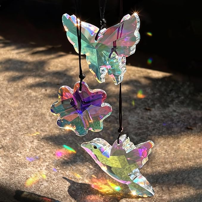 SNAIL GARDEN 3PCS Crystal Prism Suncatcher - Butterfly, Bird & Lucky Four-Leaf Clover, 1.69-3.35in Sun Catcher Crystals, Hanging Crystals for Windows, Patio, Yard, Home Garden