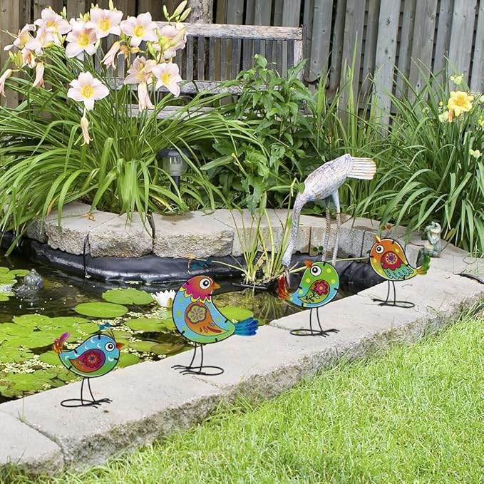 4 Pack Bird Garden Decor for Outside, Glass & Metal Yard Art Decoration for Porch Patio, Garden Statues Sculpture Gifts for Grandma Mom Women (Colorful)