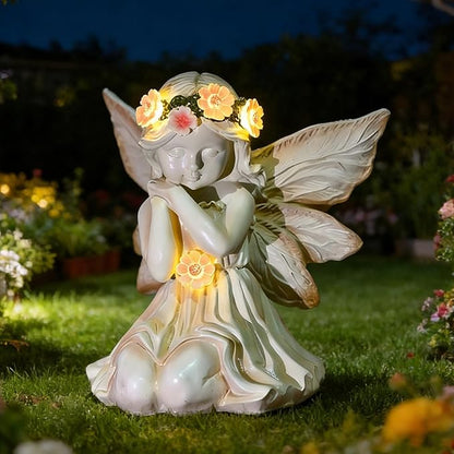 VEEKI Solar Angel Garden Statue Outdoor, Praying Angel Statues Solar Figurine Lights Outdoor Waterproof, Resin Angel Sculpture for Garden Yard Lawn Grave Cemetery Decor, Gift for Mom Grandma Women