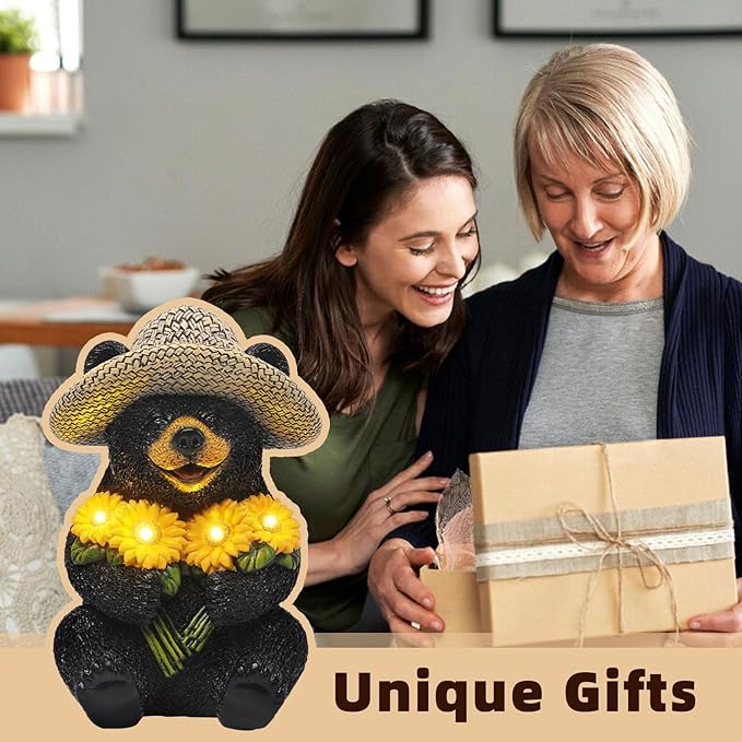 Solar Garden Decor Statues 7.5" Resin Black Bear Figurines with Sunflowers Featuring Straw Hat Waterproof Bear Decor for Outside Yard Patio Porch Decoration Gift for Mom Grandma