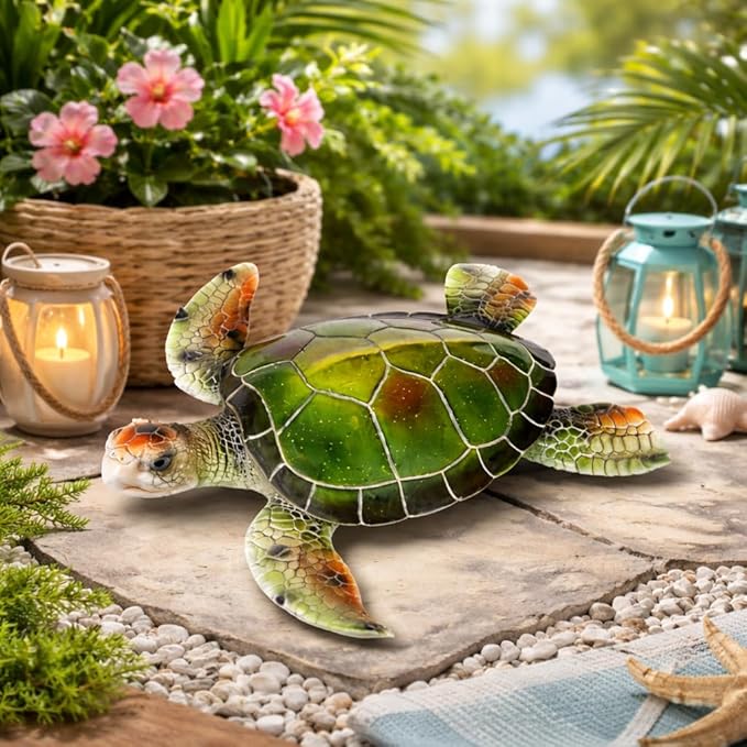 Resin Sea Turtle Decorative Statue - 16x15 Inch Tropical Wall and Garden Art -Ocean-Themed Décor for Home - Beach House - Coastal - Marine Enthusiasts (Green)
