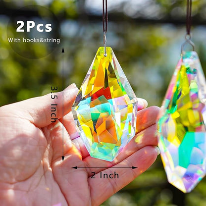 H&D HYALINE & DORA Set of 2 Crystal Sun Catcher Prisms 3.5" AB Colored Hanging Crystals for Window Rainbow Maker Prisms for Home Garden Decor