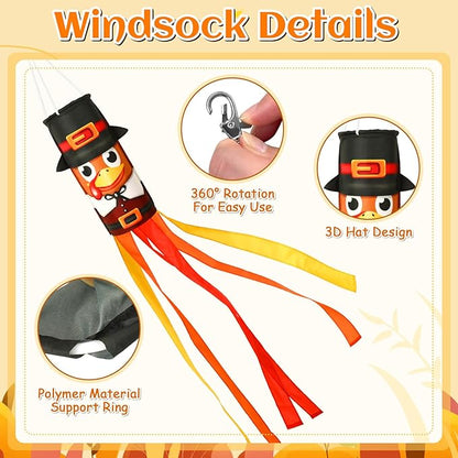 NOVWANG 2 Pcs 40 Inch Turkey Windsocks, Fall Turkey Wind Sock Thanksgiving Outdoor Hanging Flag Autumn Outside Decorations for Garden Lawn Yard Balcony Patio Decor