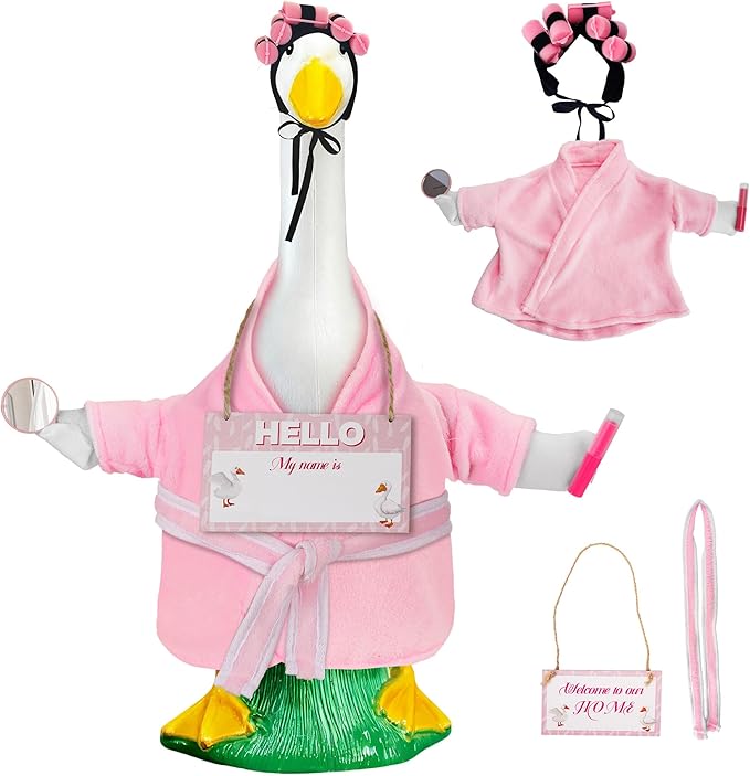 Winter Porch Goose Outfit for 23'' Cement Plastic Geese Statue, Pretty Lady Goose Outfit Clothes, Pink Bathrobe Lipstick Mirror for Outdoor Garden Lawn Yard Patio Decoration