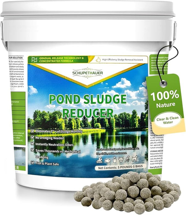 Muck Reducer, 5 LB Natural Sludge Solution Pellets for Ponds, Lakes, Powerful Away Muck and Odor Control, Treats Up to 35,000 Sq Ft, Natural Safe for Fish, Birds, Pet, Wildlife