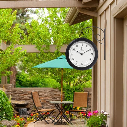 Metal Double Sided Wall Clock 10" - Decorative Indoor Outdoor Double Sided Clock - Easy to Read, Hanging Train Station Style for Patio, Garden, Office & More - Antique Style Outside Corner Wall Decor