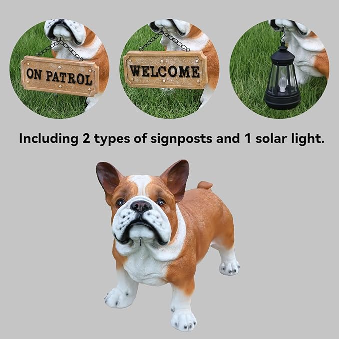 French Bulldog Garden Statue with Solar Lantern & Double-Sided Sign - Realistic Frenchie Outdoor Decor for Patio, Yard, Porch - Waterproof Resin Dog Sculpture - Gift for Frenchie Lovers, Mom, Dad