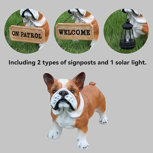 French Bulldog Garden Statue with Solar Lantern & Double-Sided Sign - Realistic Frenchie Outdoor Decor for Patio, Yard, Porch - Waterproof Resin Dog Sculpture - Gift for Frenchie Lovers, Mom, Dad