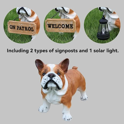 French Bulldog Outdoor Dog Statue with Reversible “Welcome/ON Patrol” Hanging Plaque and Solar Walkway Lantern, Brown & White Standing Yard Accent