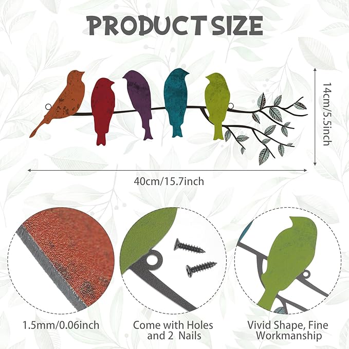 Ferraycle Metal Bird Wall Art - Birds on Branch with Leaves - Metal Sculpture Wall Hanging Sign for Balcony, Garden, Home Decor(Fresh Colors)