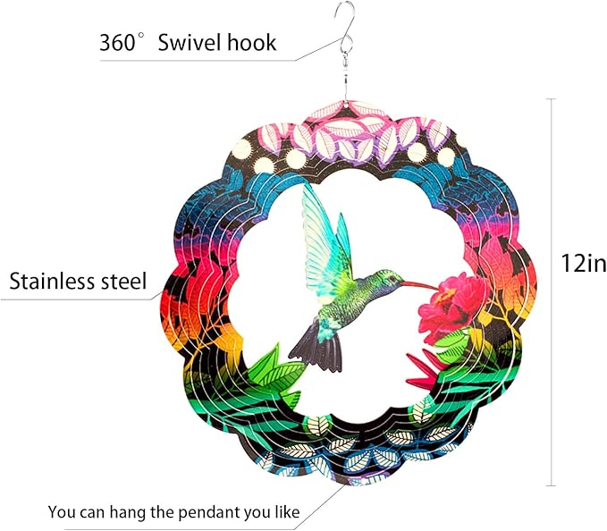 Wind Spinner Yard Art Garden Decor 3D Stainless Steel Metal Sculptures Kinetic Hanging Whirligigs Hummingbird Decorations Backyard Outside Indoor Outdoor Patio Ornaments Clearance Sun Catcher Windmill
