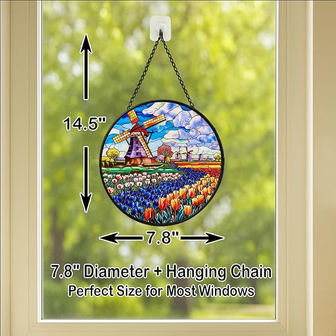 Stained Glass Window Hanging - 7.8in Windmill and Tulips Flowers Field Sun Catchers Indoor Stained Glass Panels Wall Decor for Mom，Wife，Lovers，Festive