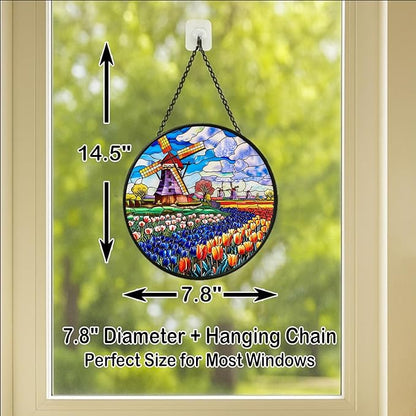 Stained Glass Window Hanging - 7.8in Windmill and Tulips Flowers Field Sun Catchers Indoor Stained Glass Panels Wall Decor for Mom，Wife，Lovers，Festive