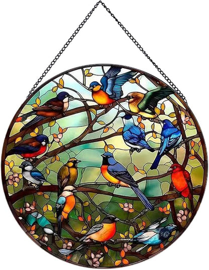 Hummingbird Pattern Suncatcher Stained Glass,Hanging Stained Glass for Windows,20cm/7.87inch Hand-Painted Sun Catcher Garden Hangings Stained Glass Panel Decor (Model 13)