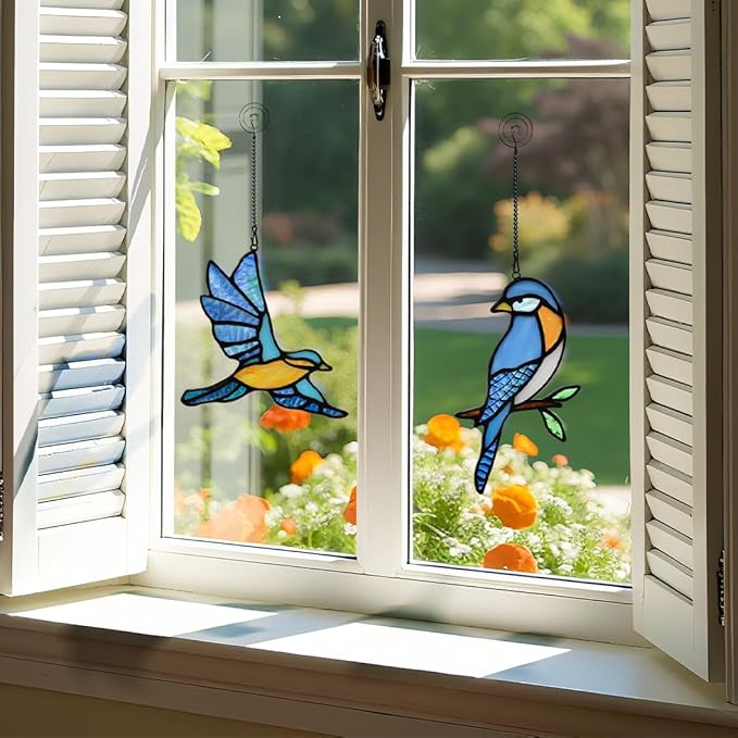 BOXCASA Blue Birds Decor Stained Glass Suncathers for Window,Stained Glass Bird Window Hanging,Birds Gifts for Bird Lovers,Birthday Gift for Women Mom Grandma