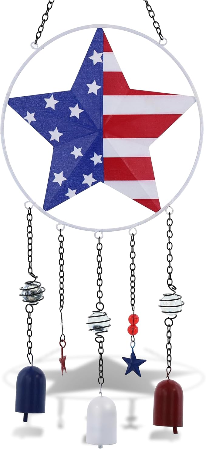 CoTa Global USA Flag Star Wind Chime - American Flag Patriotic Indoor or Outdoor Windchime Home Decor with Hanging Bells, Handcrafted Glass and Metal Wind Chimes for Yard, Garden, Porch - 24 Inch