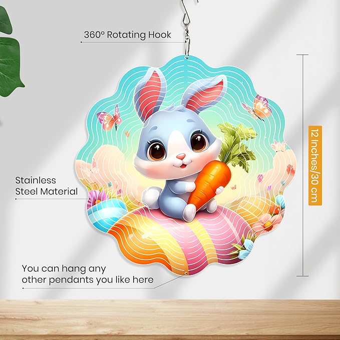 MXJSUA Easter Wind Spinners for Indoor Outdoor Garden Decoration, 12 Inch Bunny Stainless Steel Hanging Wind Spinners Ornaments Crafts for Gifts
