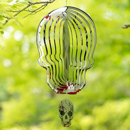 12inch Halloween Decoration Skull Wind Spinner Outdoor, 3D Kinetic Hanging Wind Sculpture, Stainless Steel Rustproof Garden Spinner Decor, Metal Yard Art, Unique Gift for Men, Holidays