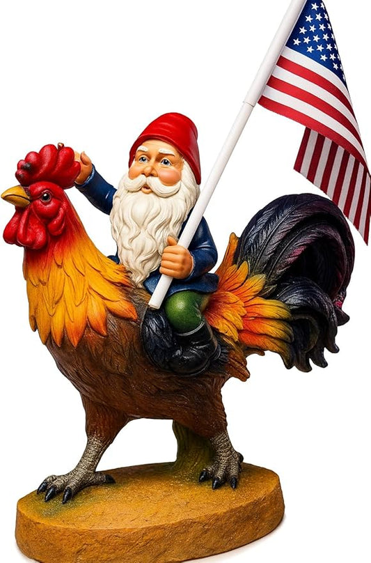 Funny Guy Mugs Gnome Riding A Rooster Garden Gnome Statue- Indoor/Outdoor Garden Gnome Funny Sculpture for Patio, Yard or Lawn