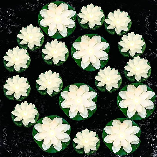 Hortsun 12 Pcs Floating Lotus Lights with Batteries Lily Pads Pool Flowers Floating Candles Decor Artificial Pond Plants Decorations for Pool Pond Outdoor Indoor (White,3.94/5.91 Inch)