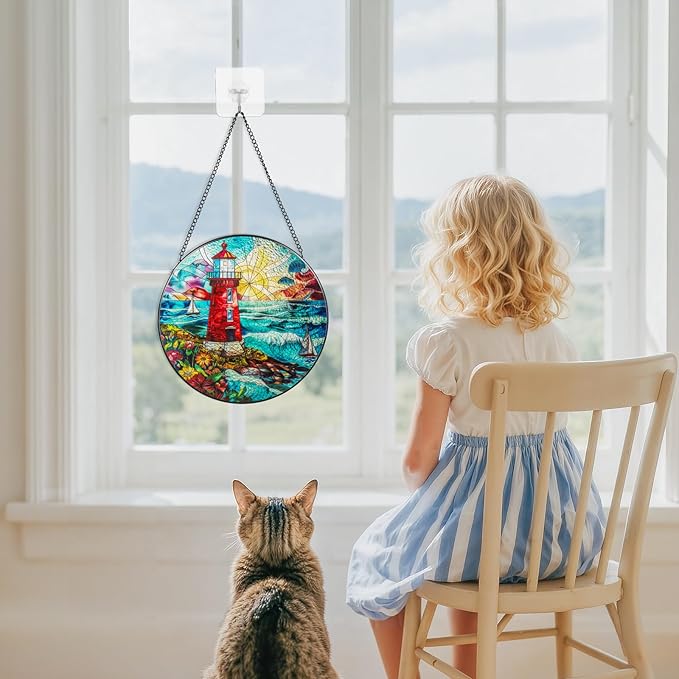 Suncatcher Stained Glass Window Hanging - Lighthouse Glass Panel with Metal Chain and Hooks Handmade Sun Catcher Decoration for Window Garden Home Christmas & Birthday Gifts (7.8 Inch)