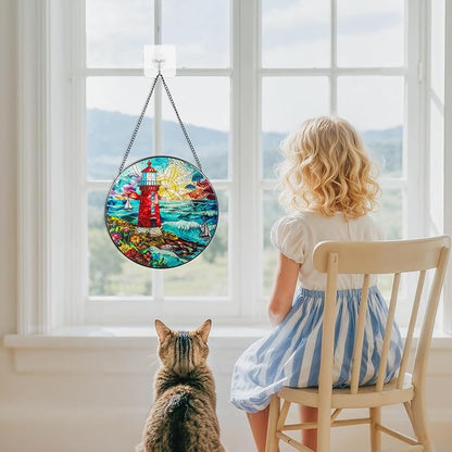 Suncatcher Stained Glass Window Hanging - Lighthouse Glass Panel with Metal Chain and Hooks Handmade Sun Catcher Decoration for Window Garden Home Christmas & Birthday Gifts (7.8 Inch)