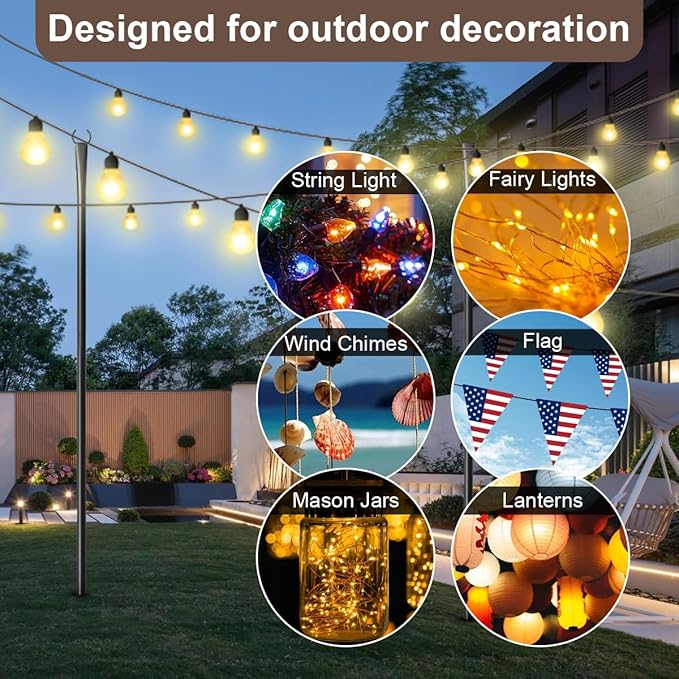 MuliVid 4 Pack String Light Poles for Outdoor,Metal Light Hanging Pole Outside with Fork,Light Stand for Patio, Pergola, Garden, Backyard, Yard, Camping Party (4 Pack)