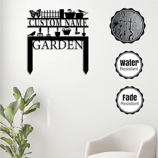 Personalized Garden Signs,Custom Wrought Iron Lawn Signs with Butterflies and Weeding Tools-Insertable Metal Art for Outdoor, Courtyard,and Flower Bed Decor-Custom Outdoor Plaques
