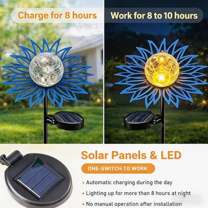 Solar Lights Outdoor Garden Decor, Metal Flower Crackle Glass Globe Solar Stake Lights, Waterproof LED Yard Decorations for Patio, Lawn, Pathway, Landscape Gifts for Women Mom(Blue)