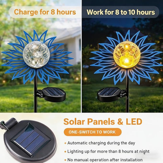 Solar Lights Outdoor Garden Decor, Metal Flower Crackle Glass Globe Solar Stake Lights, Waterproof LED Yard Decorations for Patio, Lawn, Pathway, Landscape Gifts for Women Mom(Blue)