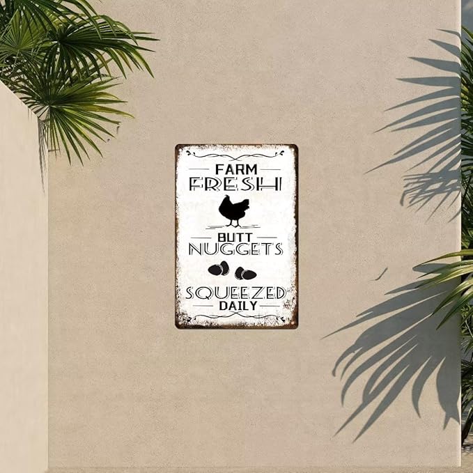 Farm Fresh Nuggets Squeezed Daily Chicken Metal Tin Sign Chicken Coop Signs for Coop Outdoor Funny Chicken Coop Decor Vintage Hen House Sign 12x8 Inch