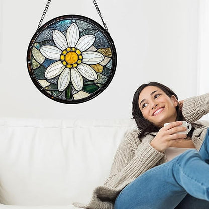 Stained Glass Window Hanging - Yellow White Daisy Birth Flower Suncatcher for Door Garden Yard Sun Catchers Decor Christmas Mother's Day Birthday Gifts for Teacher Women Mom Nana 11.8 in