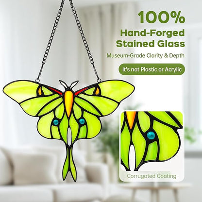 Luna Moth Sun Catcher Stained Glass Window Hanging for Mother's Day, IDEA SHOW 7.3Inch Handmade Real Glass Suncatcher Ornaments, Elegant Green Butterfly Memorial Gifts for Women, Mom, Grandma