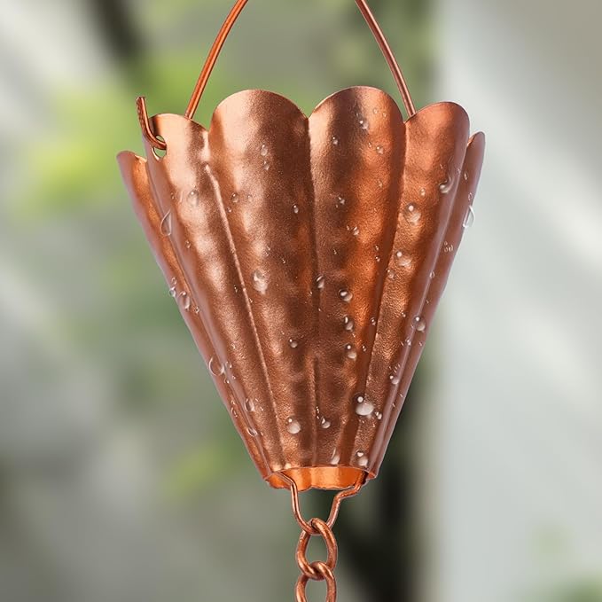 Copper Petal-Shaped Rain Chain, 98.42" Metal Rain Catcher Chain for Gutters, Decorative Outdoor Rain Chain with Hammered Finish, Garden Downspout Extension Replacement Ornament