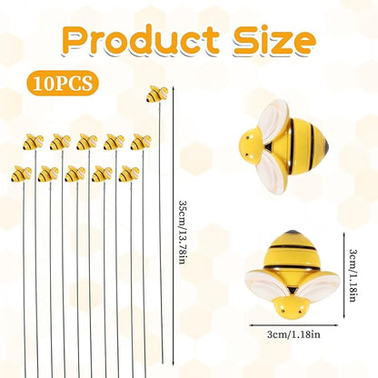 10PCS Bee Garden Stakes Decor Small Bees Yard Decor Metal Garden Stakes Honey Bee Decors Spring Summer Resin Bumble Bees Gardens Stake for Lawn Corridor Plant Pot Pathway Flower Bed