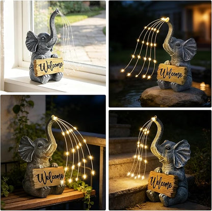 KVR Solar Elephant Statue with Welcome Sign, Outdoor Garden Decor with Warm White Steady-On String Lights, Waterproof Resin Figurine for Front Porch, Patio, Yard, Housewarming Gift