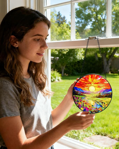 Stained Glass Window Hanging, Sunset Mountains Flower Sun Catchers Glass Panel, Suncatcher Window Decor 8", Birthday for Women Men Mom and Friend Colleague