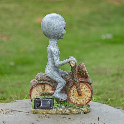 12.99 Inches Solar - Powered Alien Motorcycle Outdoor Decorative Statue. Ideal for adorning courtyards, lawns, and Balconies. Unique Housewarming Gift for Yards