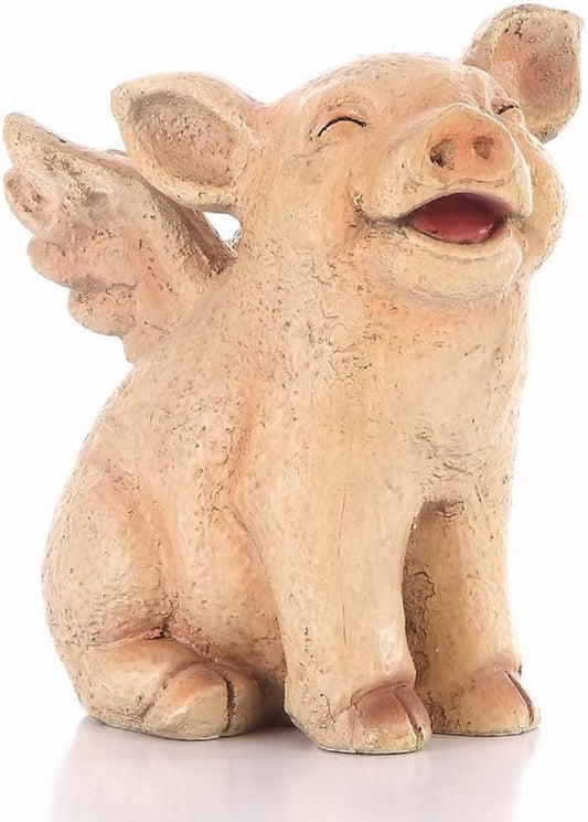 HI-LINE Laughing Pig with Wings Outdoor Garden Statue - 8.75" - Pink