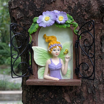 JARPSIRY Fairy Out The Window Tree Hugger Garden Statue, Glow in The Dark Resin Fairy Figurine Wall Art Sculpture Outdoor Tree Faces Decor for Patio Lawn Yard Ornaments (Green)