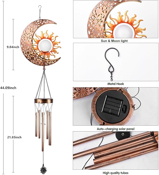 Solar Sun Moon Wind Chimes Outdoor, Waterproof Wind Bells Light with Crackle Glass Ball for Outside, Clearance Unique Gifts for Mother's Day, Mom, Women, Girls, Yard, Garden, Party Decor