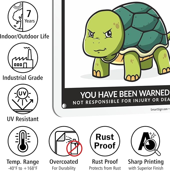 SmartSign Funny Beware Of Turtles Warning Sign - 10"x7", 40 mil Laminated Rust-free Aluminum - Metal Signs for Tank Accessories Decor, Outdoors, Patio, Man Cave, Gifts - Turtles Theme, Made in USA