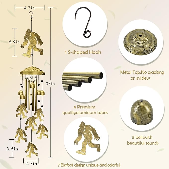 Bigfoot Wind Chimes Outdoor, Big Foot Sasquatch Gifts, Metal Wind Chimes for Outside Memorial Windchimes for Men/Women/Dad/Grandpa Birthday Gift for Outdoor/Indoors Porch, Yard, Garden Decorations